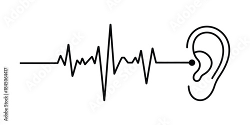 Hearing and Sound Wave Icon – Ear with Audio Pulse Line Minimal Line Art Isolated on White