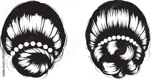Elegant Vintage Bun Hairstyle Illustration in Black and White.