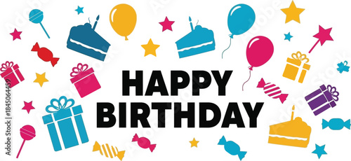 Vibrant happy birthday celebration with colorful balloons and gifts