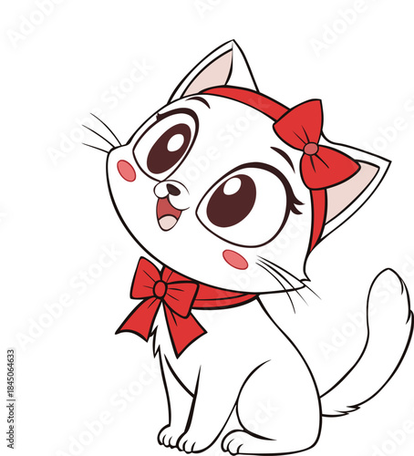 Smiling cute white cat with bow vector