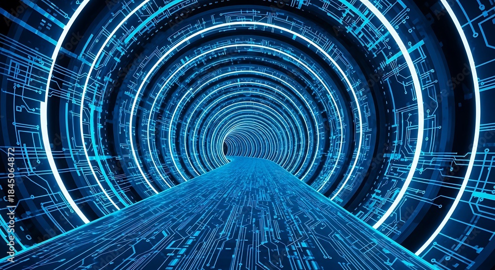 Fototapeta premium Futuristic neon blue digital tunnel with abstract circuitry patterns and glowing lights