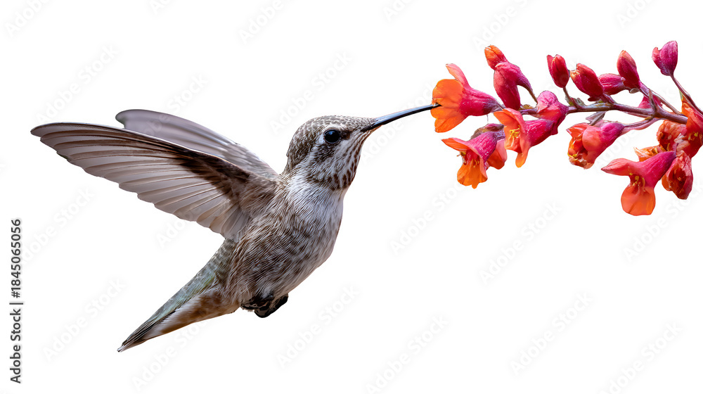 Naklejka premium Hummingbird hovers expertly while drinking nectar from bright orange and red tubular blossoms on black