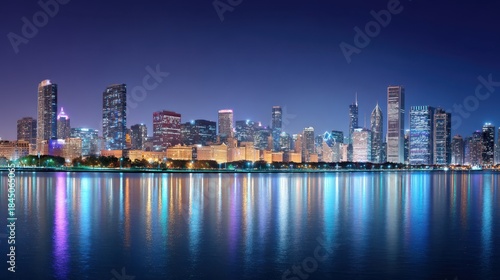 Nighttime city skyline reflecting on water, showcasing vibrant lights and modern architecture, creating a stunning urban landscape with tranquility