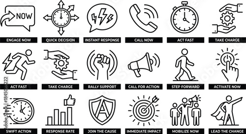 Call to action and rapid response line icons set promoting urgency engagement leadership decision making motivation business strategy productivity