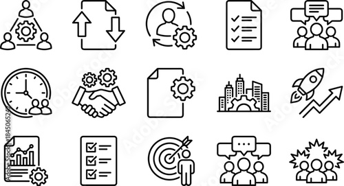 Business workflow and team collaboration line icons set showing management planning communication growth strategy productivity corporate process concept