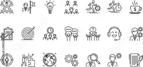 Business teamwork line icon collection featuring leadership, productivity, communication, target strategy, customer support, management concepts, global collaboration and creative planning