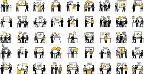 Business teamwork illustration set with office collaboration, meeting discussion, presentation icons, corporate communication, leadership strategy, project planning concepts, modern workplace scenes