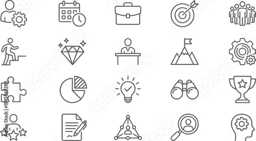 Business success and management line icon set featuring goals strategy teamwork planning productivity achievement leadership growth concepts analytics performance vision