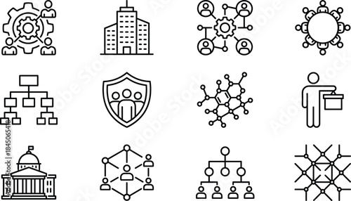 Business organization and network line icons set showing teamwork, hierarchy, security, management, corporate structure concepts for professional design use