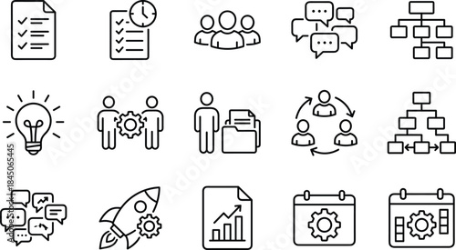 Business management and workflow line icons set illustrating teamwork communication planning organization productivity growth strategy corporate process concept