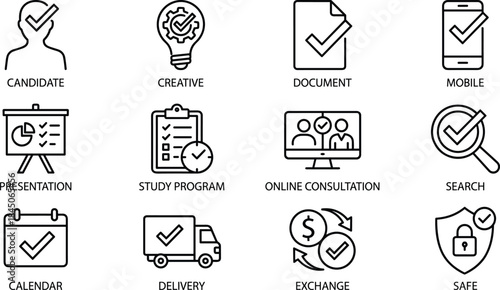 Business line icons set for candidate creative document mobile presentation consultation search delivery exchange calendar security