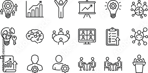 Business growth and team collaboration line icons set illustrating innovation leadership analytics strategy productivity management success performance planning communication organization