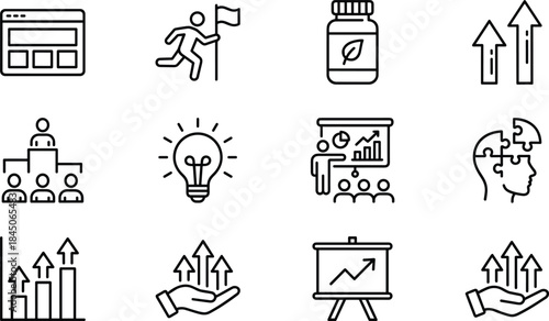 Business growth and leadership line icon set featuring strategy innovation analytics teamwork success investment training presentation concepts management planning performance