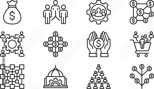 Business finance network icons set showing teamwork, investment, management, profit sharing, blockchain, organizational growth concepts for digital marketing design assets