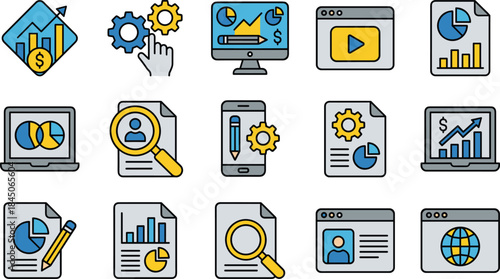 Business analytics icons set for marketing finance data analysis reporting dashboard UI vector illustration flat design modern professional web appBusiness analytics icons set for marketing
