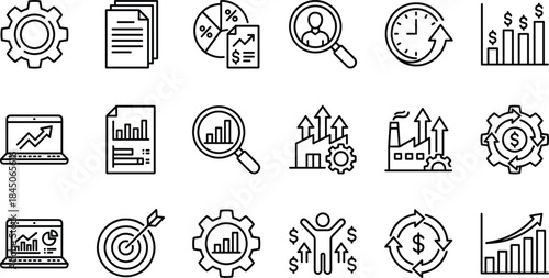 Business analytics and financial growth outline icon set showing charts reports performance metrics management strategy and data analysis