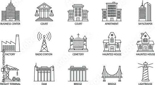 Building icons, urban infrastructure, business center, courthouse, apartment, factory, dam, bridge, lighthouse, haunted house, vector line art, minimal design