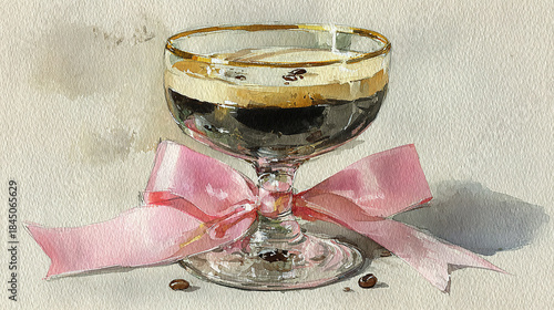 Glass of black coffee with foam, adorned with a pink ribbon bow.