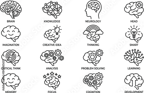 Brain and cognitive science line icons set illustrating thinking, creativity, learning, memory, problem solving, intelligence, mental development concepts for design