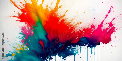 Explosive Abstract Paint Splash on White. Vibrant Rainbow Liquid Ink Burst with Drips. Colorful Red Yellow Blue & Pink Grunge Texture for Modern Graphic Design.