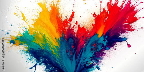 Vibrant Abstract Multicolor Paint Splash Background. Explosive Rainbow Watercolor Texture with Ink Drips. Dynamic Red Yellow Blue Art for Design & Wallpapers.