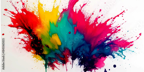 Vibrant Abstract Multicolor Paint Splash Background. Explosive Rainbow Watercolor Texture with Ink Drips. Dynamic Red Yellow Blue Art for Design & Wallpapers.