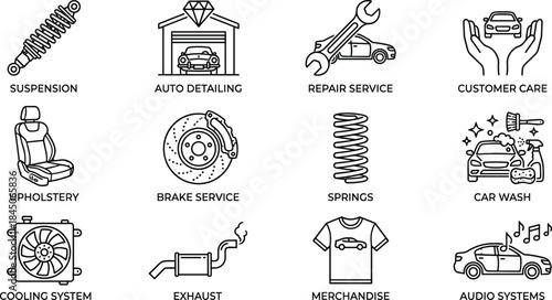 Automotive service and car repair line icons set featuring maintenance detailing parts wash customer care garage business concept vector outline