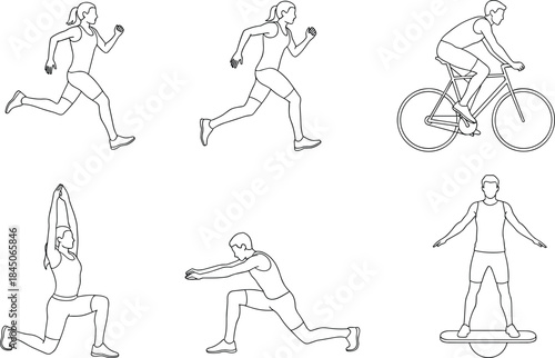Active People Exercising and Training Outdoors: Running, Cycling, Lunges, and Stretching for Health and Fitness with a Focus on Sport, Wellness, and Athletic Lifestyles, Drawn as Blue 