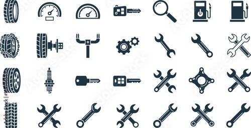 Automotive repair icon set featuring car tools, mechanic equipment, vehicle maintenance symbols, tire service elements, gear parts, fuel and key illustrations