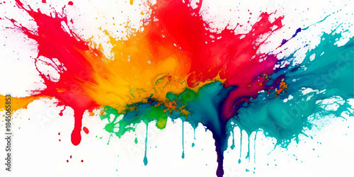 Vibrant Abstract Multicolor Paint Splash Background. Explosive Rainbow Watercolor Texture with Ink Drips. Dynamic Red Yellow Blue Art for Design & Wallpapers.