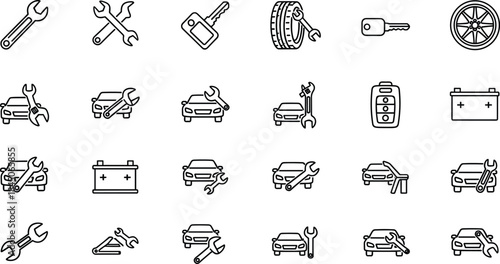 Automotive repair line icon set featuring car service tools, vehicle maintenance symbols, wrench and tire illustrations, car key and battery icons
