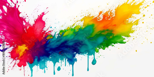 Vibrant Abstract Multicolor Paint Splash Background. Explosive Rainbow Watercolor Texture with Ink Drips. Dynamic Red Yellow Blue Art for Design & Wallpapers.