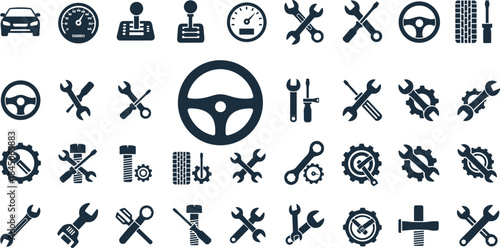 Automotive repair and mechanic tool icon set featuring steering wheel, wrenches, gears, screws, speedometers, car service symbols, vector illustration