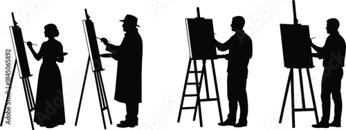 Artist Silhouettes Painting on Easels Vector Collection, Featuring Different Styles of Creative Painters, Male and Female Artists Working on Canvas, Art Class Studio Scene Design Elements
