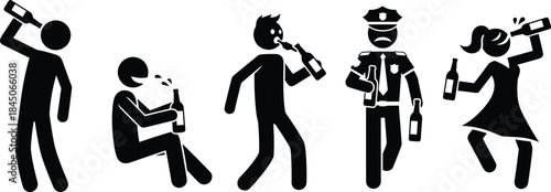 Alcohol consumption icons, drinking behavior vector, social habits, police irony, bottle silhouette, public health graphic, black white illustration, awareness design