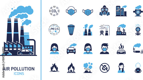 Air pollution industrial emissions vector icons set with factories smoke masks environmental danger symbols illustrating toxic air quality problems, contamination