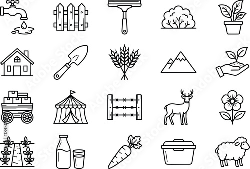 Agriculture and farming line icon set showing tools plants animals water harvest ecology rural life sustainability concepts