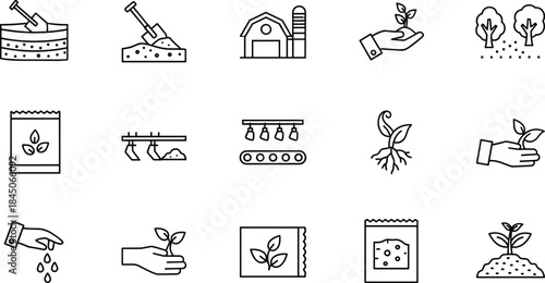 Agriculture farming line icons set, seed planting soil care greenhouse irrigation eco growth outline vector illustration sustainable organic gardening nature