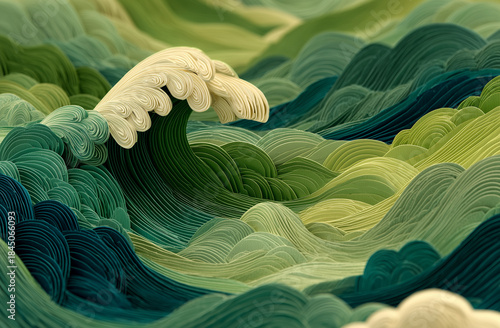 A wave is crashing on a green ocean. The water is choppy and the waves are high. The ocean is calm and peaceful