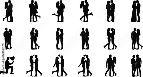 Collection of Romantic Couple Silhouette Vectors: Love, Dating, and Relationship Concepts for Valentine's Day, Wedding, or Anniversary Design Projects (24 words)