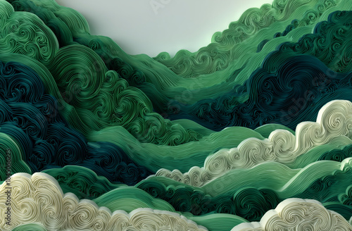 A green and white mountain range with a blue sky in the background. The mountains are covered in green and white swirls, giving the impression of a wave. Scene is calm and serene, with the mountains