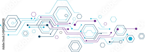Abstract futuristic hexagon circuit design with digital technology connections, network communication lines, innovation background and modern geometric tech pattern