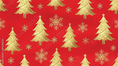 Christmas Seamless Pattern with Gold Christmas Trees and Snowflakes on Red Background