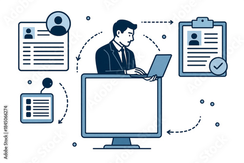 Business workflow illustration of employee working on laptop at desktop monitor with connected resume profile forms and checklist icons for hr onboarding document management and office automation