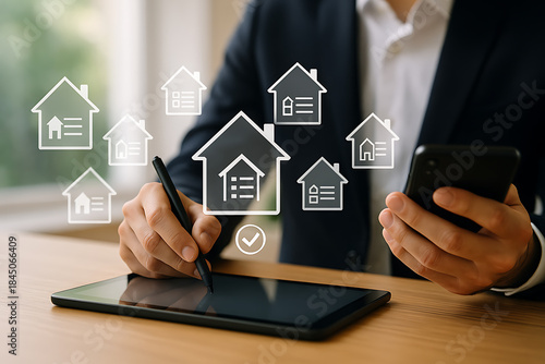 Manager planning real estate property search on a tablet.