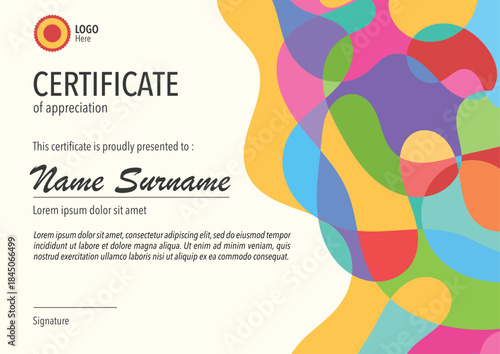 Horizontal bussiness certificate of appreciation achievement with colorful organic shapes composition