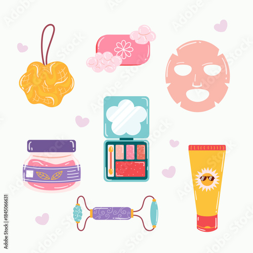 Flat skincare and cosmetic collection illustration