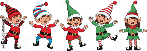 Cute Christmas Elf Set: Vector Illustration of Happy Smiling Children Dressed as Santa's Helpers with Striped Hats and Outfits for Festive Winter Holiday Design, Isolated on White Background.