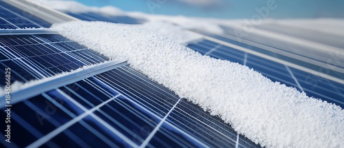Close-up of solar panels with snow cover.