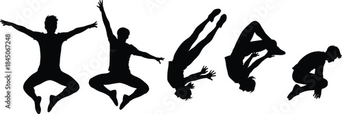 Dynamic silhouette sequence capturing a man jumping and tumbling, showcasing athletic energy, freedom, and acrobatic movement, perfect for fitness, parkour, or achievement concepts.